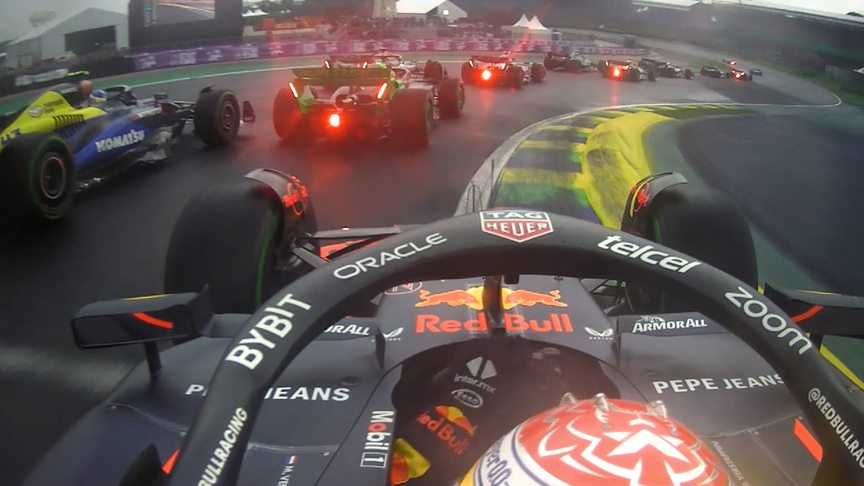 2024 Sao Paulo Grand Prix: Verstappen steams past a host of cars on Lap 1 at Interlagos